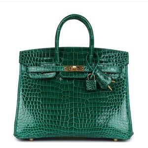 Hermès Birkin 25 Emerald Shiny Porosus Crocodile Gold Hardware